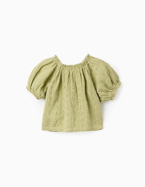 Cotton top in broderie anglaise with balloon sleeves for baby girls, green
