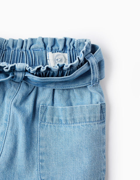 Denim shorts with paperbag waist and belt for baby girls, blue