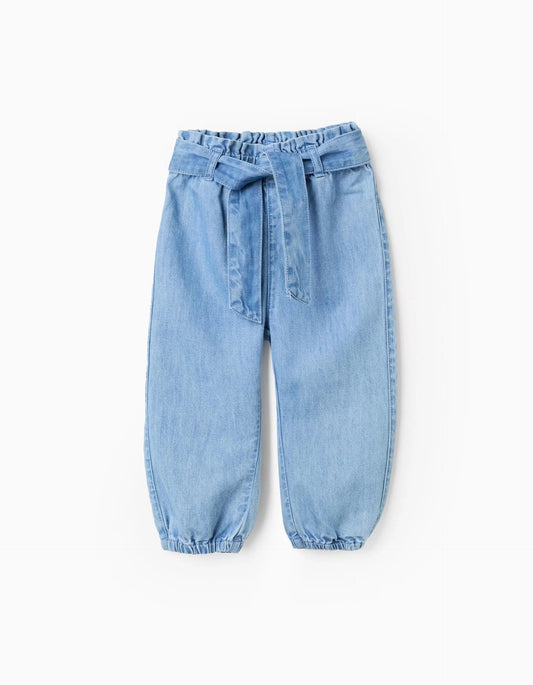 Denim trousers with paperbag waist and belt for baby girls, blue