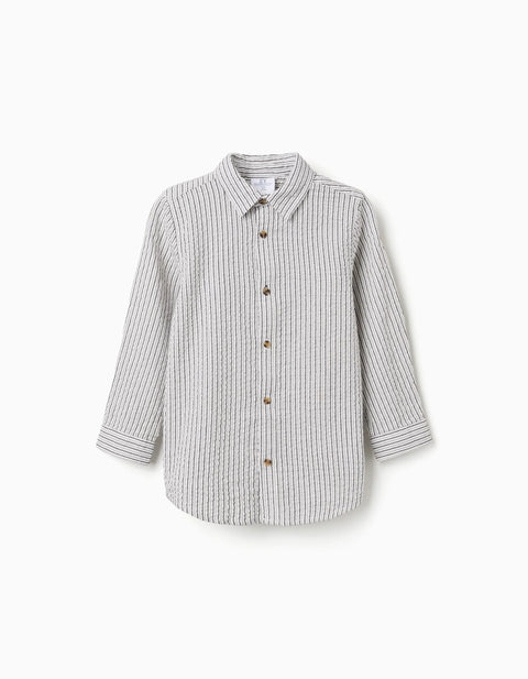 Long Sleeve Cotton Shirt with Stripes B&S for Boys, White/Grey