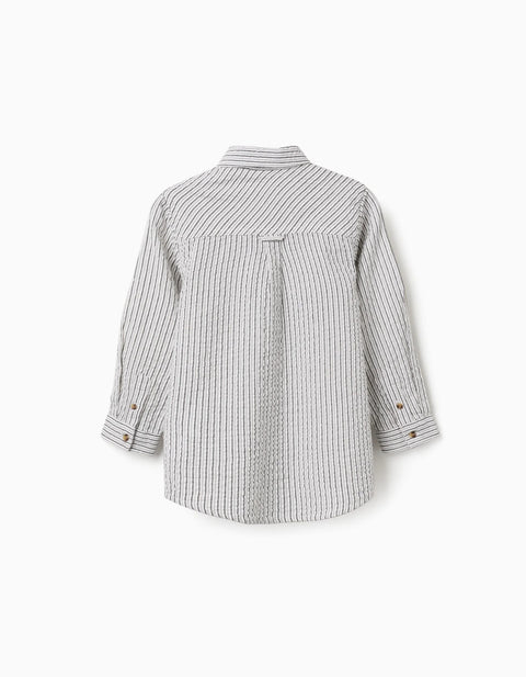Long Sleeve Cotton Shirt with Stripes B&S for Boys, White/Grey