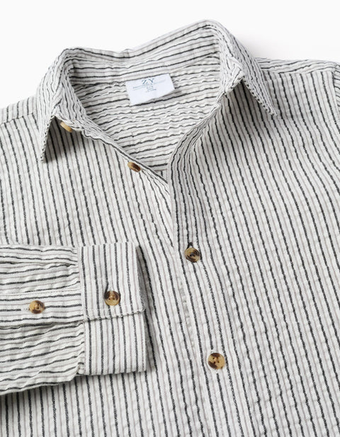 Long Sleeve Cotton Shirt with Stripes B&S for Boys, White/Grey