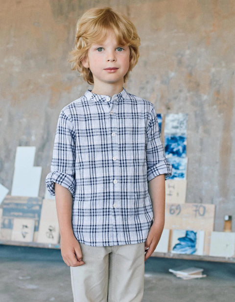 Cotton Checked Shirt with Roll-Up Sleeves B&S for Boys, Blue