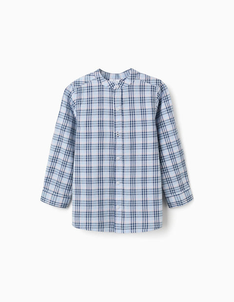 Cotton Checked Shirt with Roll-Up Sleeves B&S for Boys, Blue