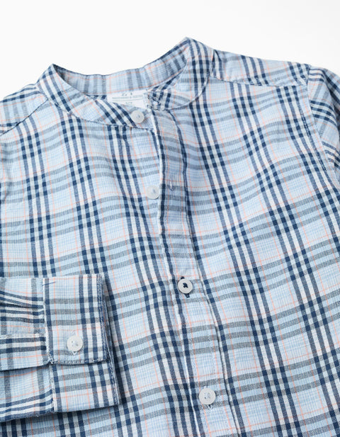 Cotton Checked Shirt with Roll-Up Sleeves B&S for Boys, Blue