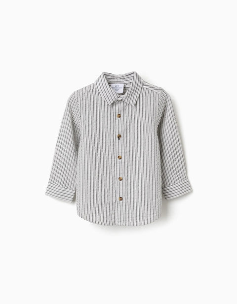 Long Sleeve Cotton Shirt with Stripes B&S for Baby Boys, White/Grey