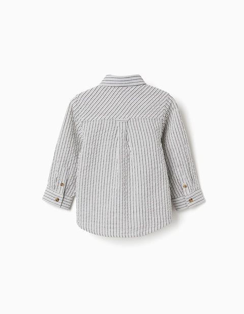 Long Sleeve Cotton Shirt with Stripes B&S for Baby Boys, White/Grey