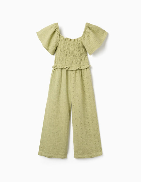 Wide Leg Cotton Jumpsuit in Broderie Anglaise for Girls, Light Green