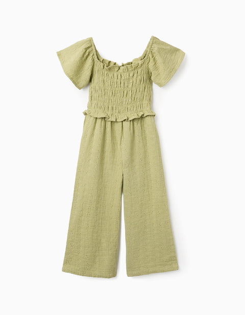 Wide Leg Cotton Jumpsuit in Broderie Anglaise for Girls, Light Green