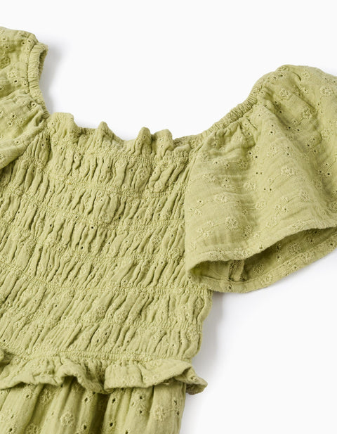 Wide Leg Cotton Jumpsuit in Broderie Anglaise for Girls, Light Green