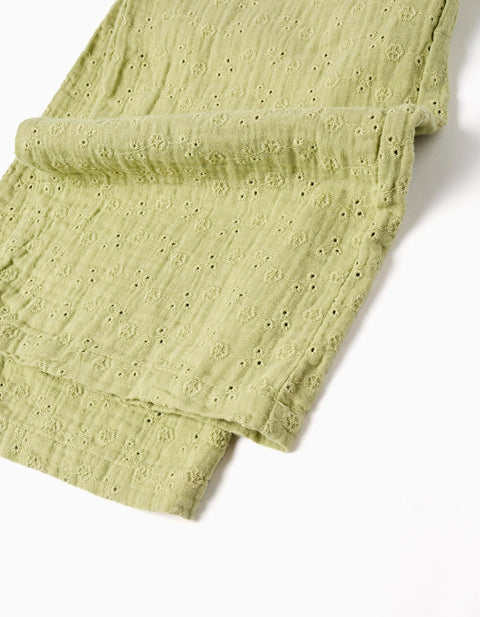 Wide Leg Cotton Jumpsuit in Broderie Anglaise for Girls, Light Green