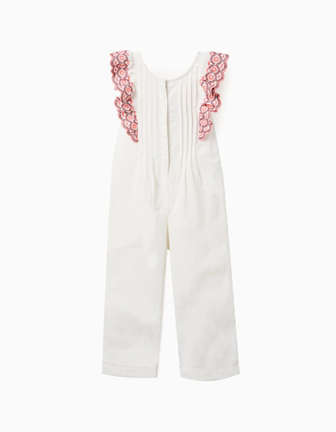Wide Leg Cotton Jumpsuit with Ruffles for Girls, White/Pink
