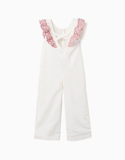 Wide Leg Cotton Jumpsuit with Ruffles for Girls, White/Pink