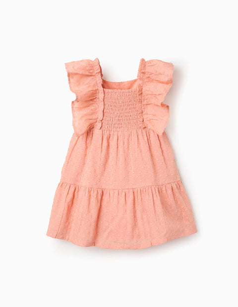 Cotton Swiss dot dress with ruffles for baby girls, salmon orange
