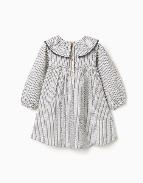 Striped Cotton Dress with Ruffled Collar B&S for Baby Girls, White/Grey