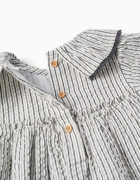 Striped Cotton Dress with Ruffled Collar B&S for Baby Girls, White/Grey