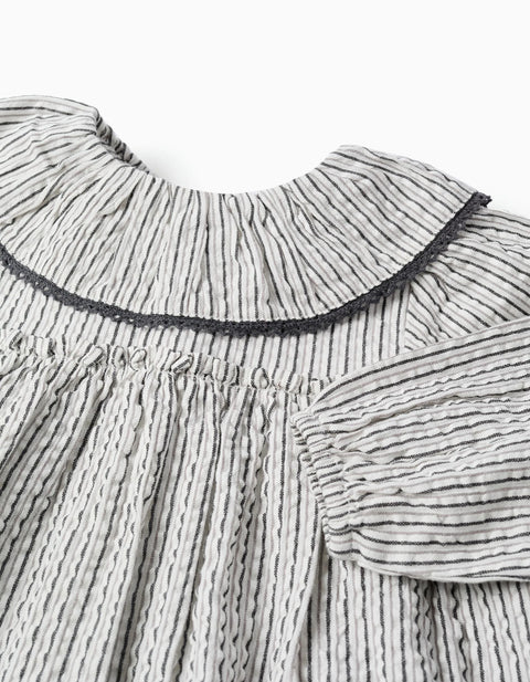 Striped Cotton Dress with Ruffled Collar B&S for Baby Girls, White/Grey