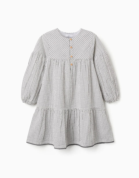 Striped Cotton Dress with Puffy Sleeves B&S for Girls, White/Grey
