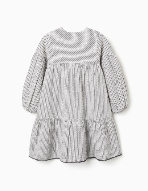 Striped Cotton Dress with Puffy Sleeves B&S for Girls, White/Grey