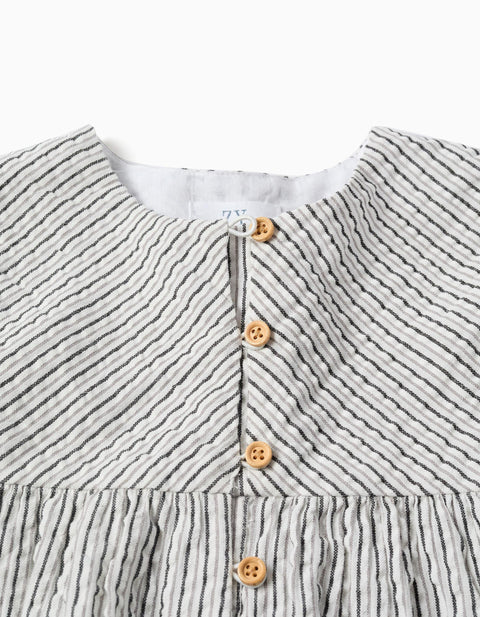 Striped Cotton Dress with Puffy Sleeves B&S for Girls, White/Grey