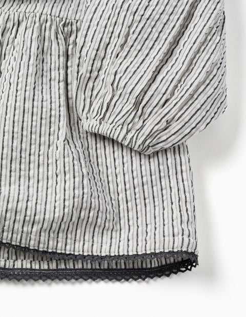Striped Cotton Dress with Puffy Sleeves B&S for Girls, White/Grey