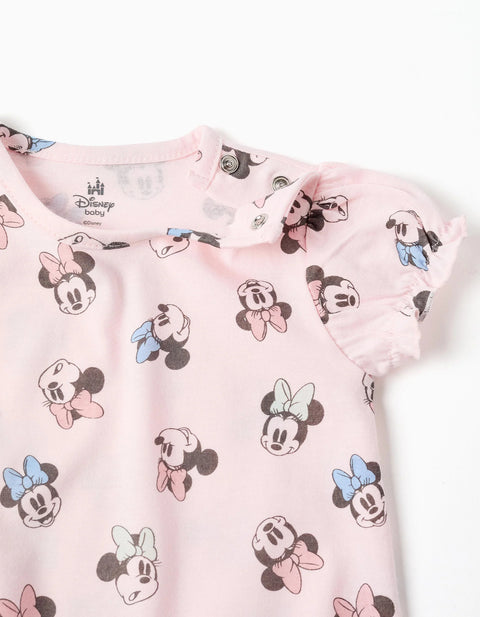 Cotton Romper with Minnie Motif for Newborn and Baby Girls, Light Pink