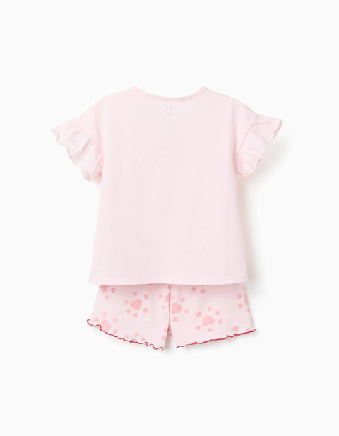 Cotton Short Sleeve Pyjamas with Heart Prints for Girls, Light Pink