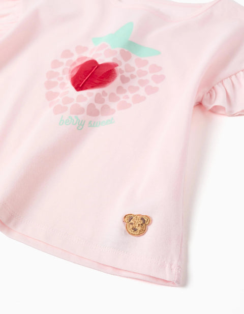 Cotton Short Sleeve Pyjamas with Heart Prints for Girls, Light Pink
