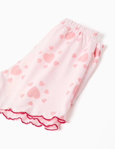 Cotton Short Sleeve Pyjamas with Heart Prints for Girls, Light Pink