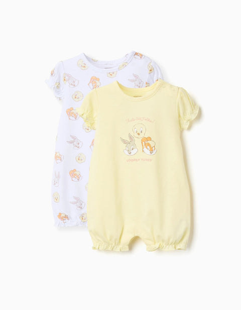 2 Cotton Rompers with Looney Tunes for Newborn and Baby Girls, White/Yellow