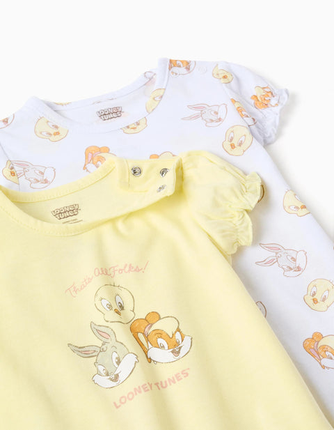2 Cotton Rompers with Looney Tunes for Newborn and Baby Girls, White/Yellow