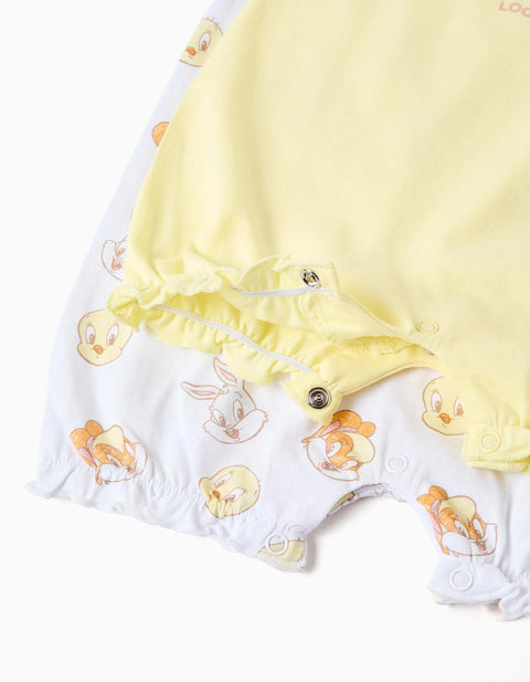 2 Cotton Rompers with Looney Tunes for Newborn and Baby Girls, White/Yellow