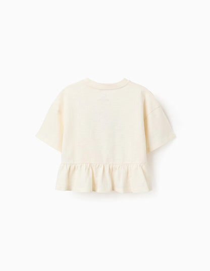 Oversize cotton T-shirt with print and ruffles for girls, light beige