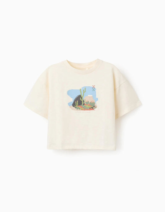 Oversize cotton T-shirt with print and ruffles for girls, light beige