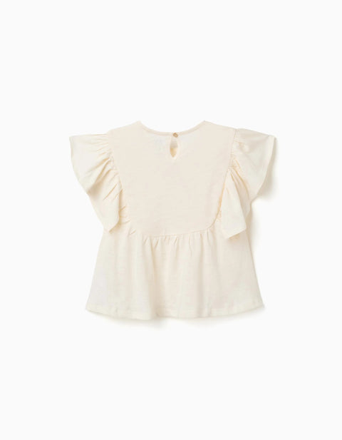 Cotton T-Shirt with Ruffled Sleeves for Girls, Light Beige