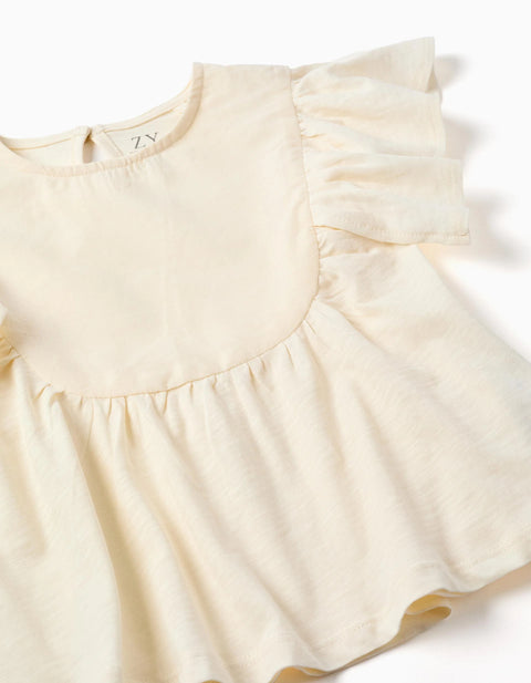 Cotton T-Shirt with Ruffled Sleeves for Girls, Light Beige