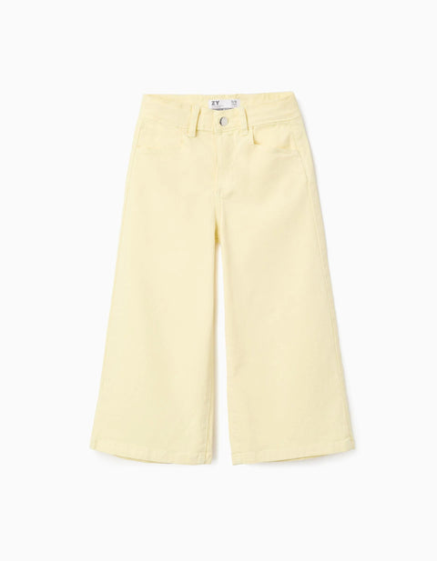 Wide Leg Twill Trousers for Girls, Light Yellow