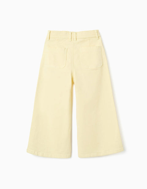 Wide Leg Twill Trousers for Girls, Light Yellow