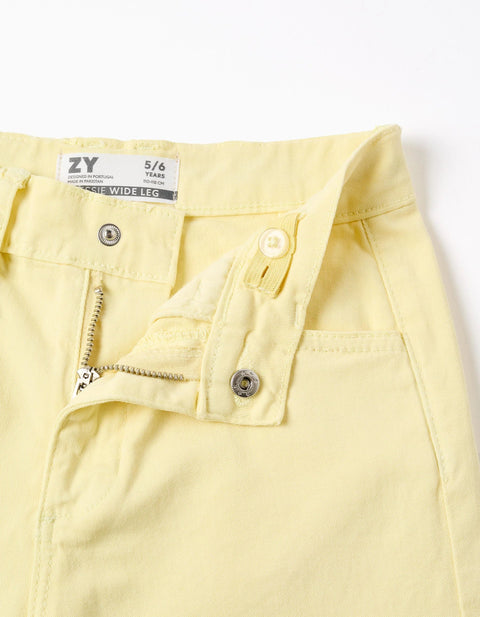 Wide Leg Twill Trousers for Girls, Light Yellow