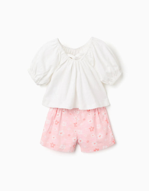 Cotton T-Shirt + Shorts with Floral Motif for Baby Girls, White/Pink