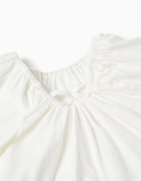 Cotton T-Shirt + Shorts with Floral Motif for Baby Girls, White/Pink