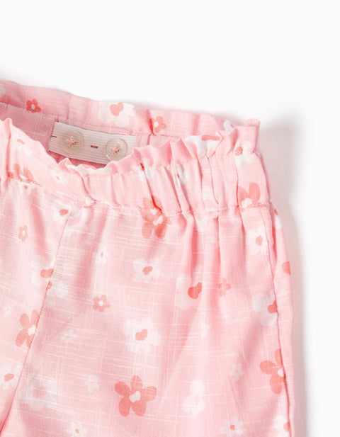 Cotton T-Shirt + Shorts with Floral Motif for Baby Girls, White/Pink