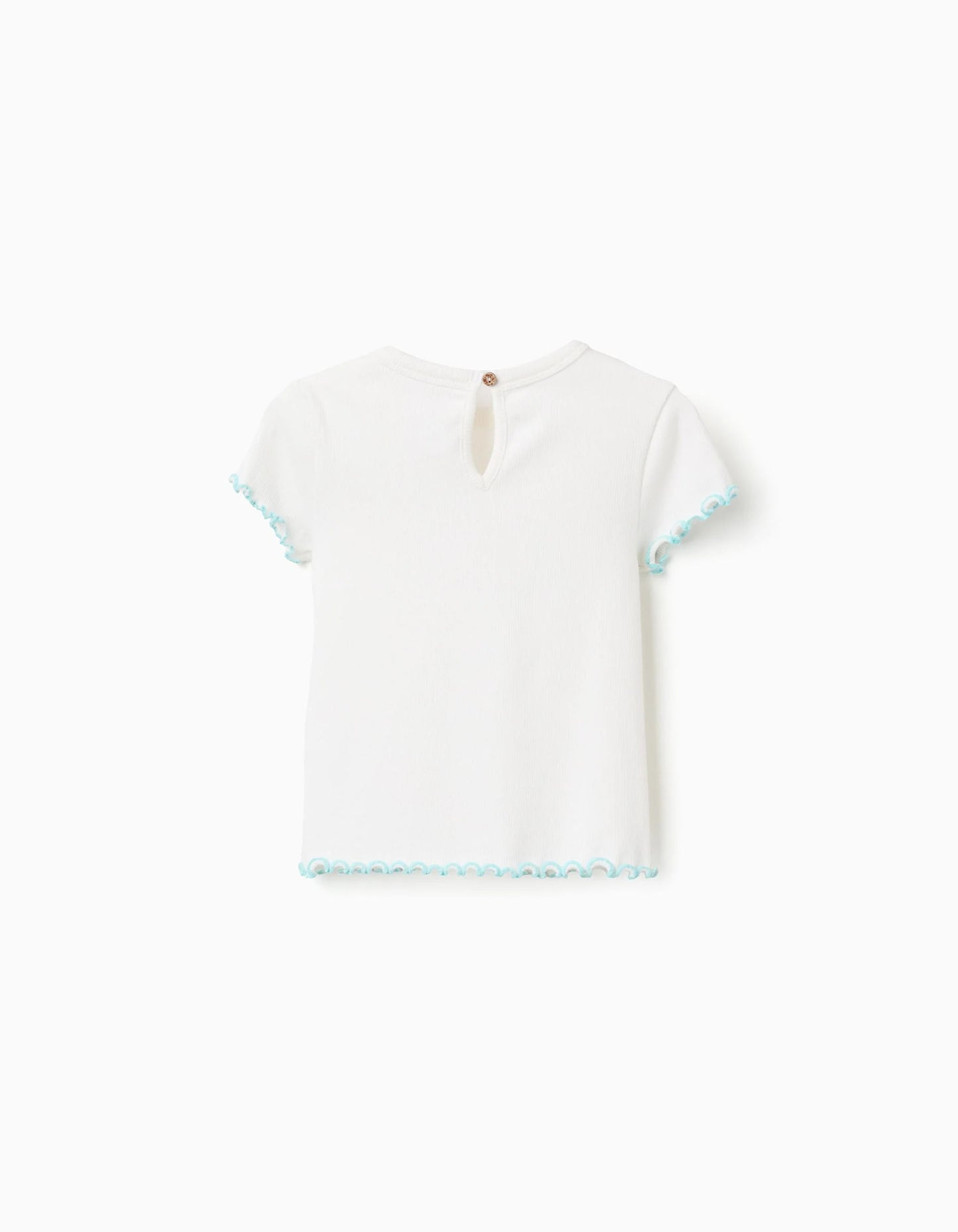 Ribbed T-shirt with wavy ends for baby girls, white/blue