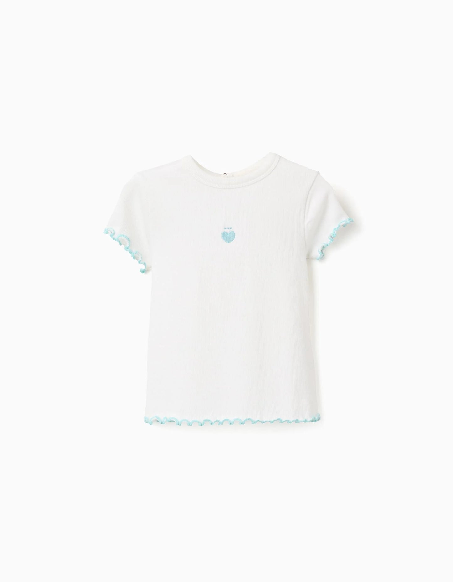 Ribbed T-shirt with wavy ends for baby girls, white/blue