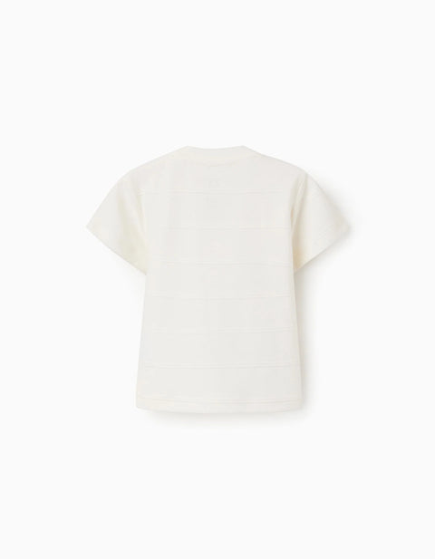 Cotton T-Shirt with Embossed Lines and Pocket for Baby Boys, White