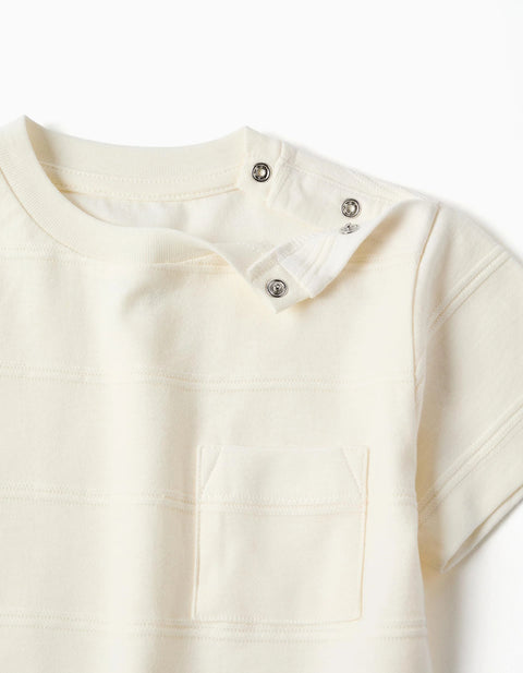 Cotton T-Shirt with Embossed Lines and Pocket for Baby Boys, White