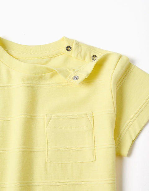 Cotton T-Shirt with Embossed Lines and Pocket for Baby Boys, Yellow