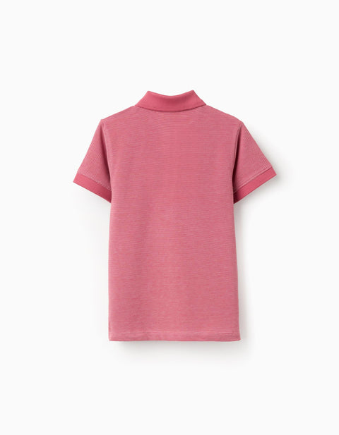 Cotton Piqué Polo Shirt with Jacquard Dots for Boys, Dark Pink