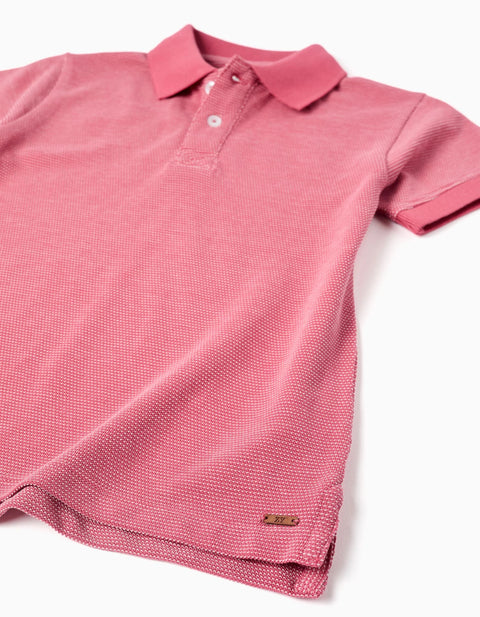 Cotton Piqué Polo Shirt with Jacquard Dots for Boys, Dark Pink