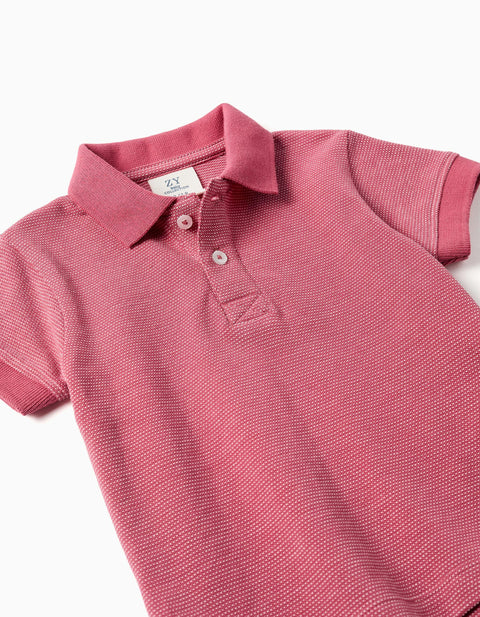 Cotton Piqué Polo Shirt with Jacquard Dots for Baby Boys, Dark Pink